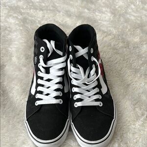 Vans Black and White High-Tops with Red flowers
